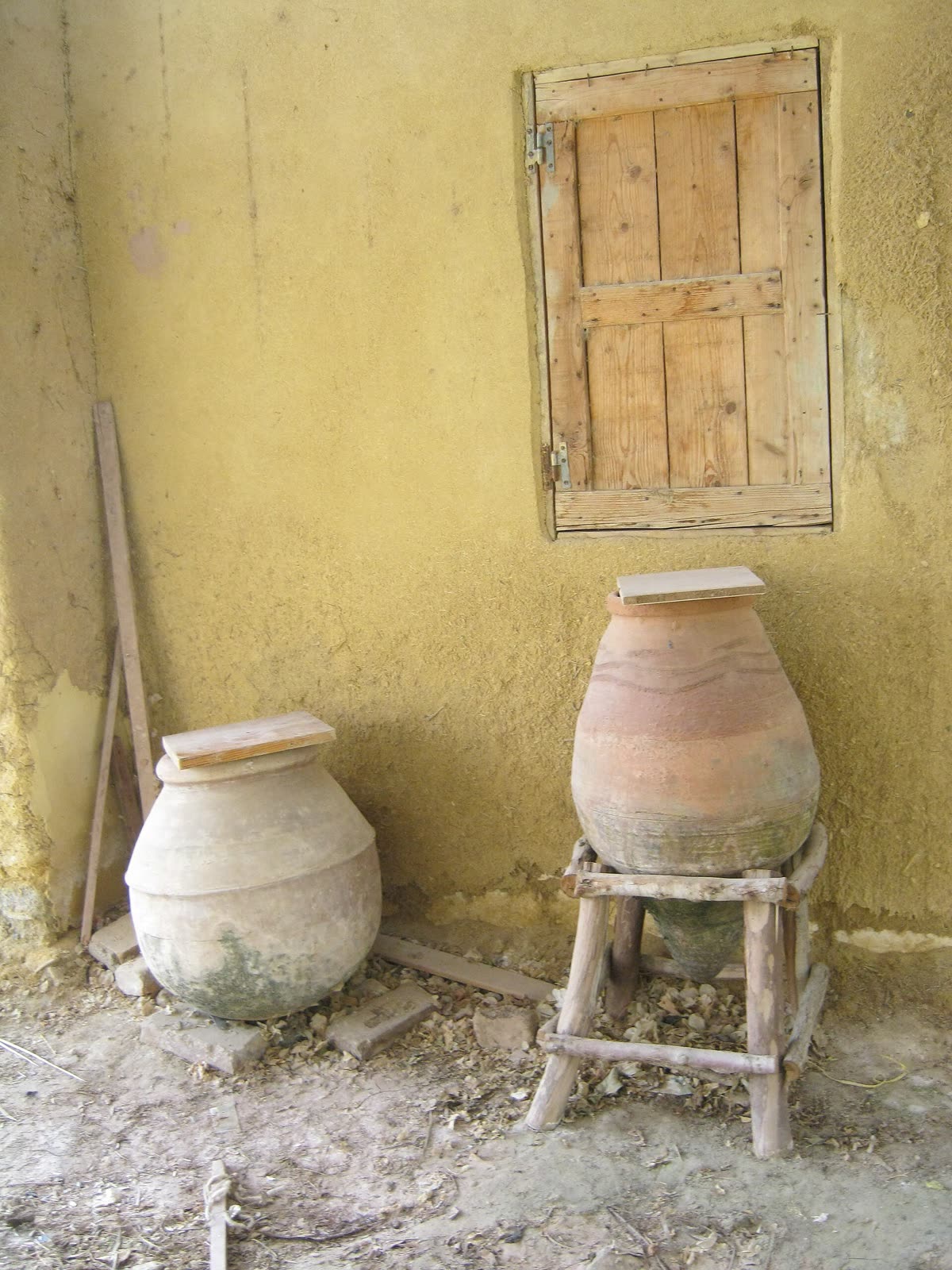 Interior shelves and pottery at Eveline Pottery School in Tunis village, Fayoum